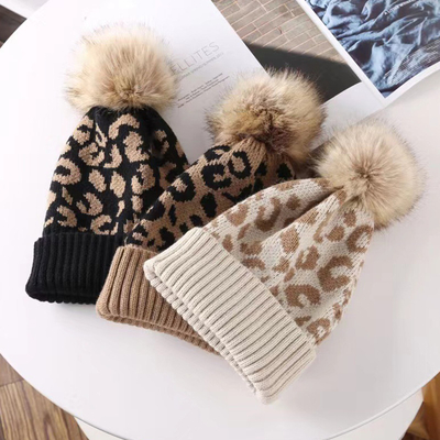 Phong cách cao Pom Pom Mùa đông Leopard in Beanie bán buôn mềm ấm đan mũ Beanie