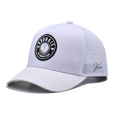 Mũ lưỡi trai thể thao hiệu suất Dad Hat 5 Panel cao su PVC logo lỗ cắt laser, màu trắng chống thấm nước chống tia UV