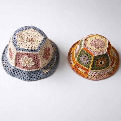 Wide Brim Patchwork Floral Crochet Bucket Hat Lightweight Breathable Sun Protection for Vintage Daily Streetwear