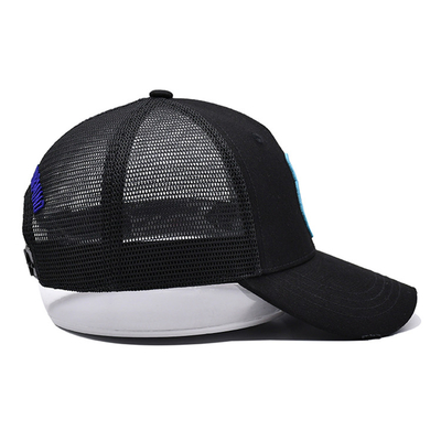 3D thêu bông đau đớn Twill Trucker Mũ đen lưới Trucker Cap Pre cong Visor