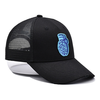 3D thêu bông đau đớn Twill Trucker Mũ đen lưới Trucker Cap Pre cong Visor