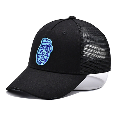 3D thêu bông đau đớn Twill Trucker Mũ đen lưới Trucker Cap Pre cong Visor