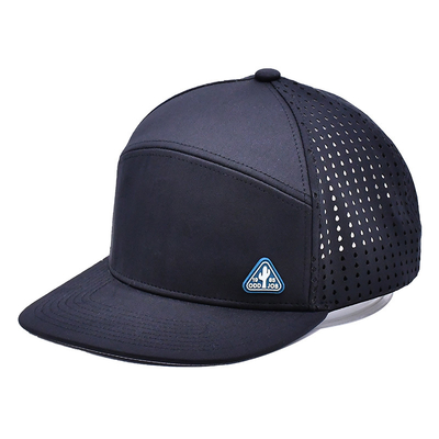 Đen 6 Panel Trucker Snapback Mũ cấu trúc Xây dựng Custom cao su Patch Logo Lưng 4 Panel lỗ laser