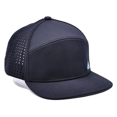 Đen 6 Panel Trucker Snapback Mũ cấu trúc Xây dựng Custom cao su Patch Logo Lưng 4 Panel lỗ laser