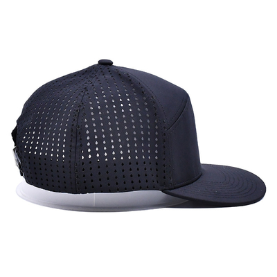 Đen 6 Panel Trucker Snapback Mũ cấu trúc Xây dựng Custom cao su Patch Logo Lưng 4 Panel lỗ laser