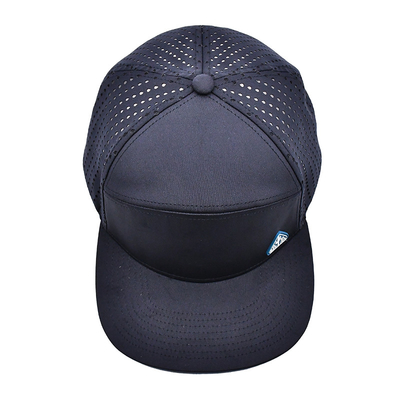 Đen 6 Panel Trucker Snapback Mũ cấu trúc Xây dựng Custom cao su Patch Logo Lưng 4 Panel lỗ laser
