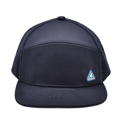 Đen 6 Panel Trucker Snapback Mũ cấu trúc Xây dựng Custom cao su Patch Logo Lưng 4 Panel lỗ laser