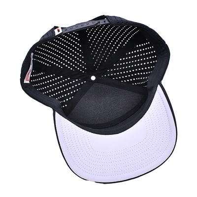 Đen 6 Panel Trucker Snapback Mũ cấu trúc Xây dựng Custom cao su Patch Logo Lưng 4 Panel lỗ laser