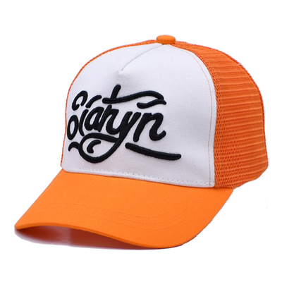 Unisex 5 Panel Trucker Cap Custom 3d thêu cong cạnh satin lót màu cam lưới mũ sau