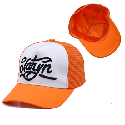 Unisex 5 Panel Trucker Cap Custom 3d thêu cong cạnh satin lót màu cam lưới mũ sau