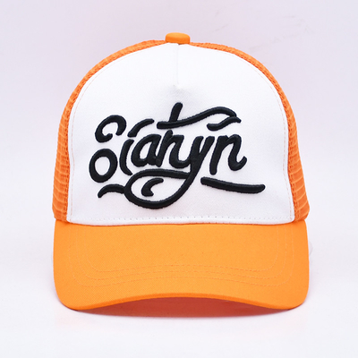 Unisex 5 Panel Trucker Cap Custom 3d thêu cong cạnh satin lót màu cam lưới mũ sau