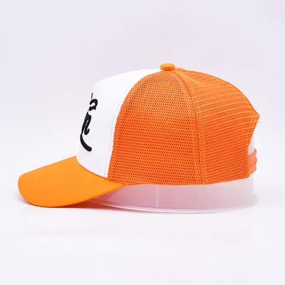 Unisex 5 Panel Trucker Cap Custom 3d thêu cong cạnh satin lót màu cam lưới mũ sau