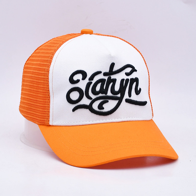 Unisex 5 Panel Trucker Cap Custom 3d thêu cong cạnh satin lót màu cam lưới mũ sau