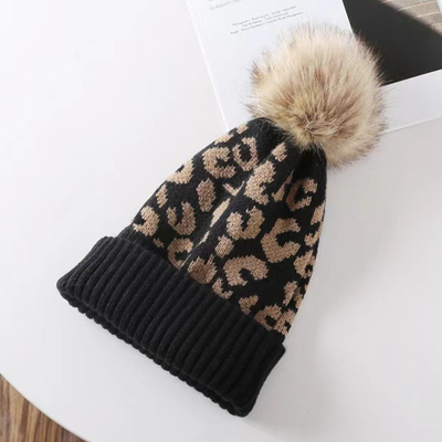 Phong cách cao Pom Pom Mùa đông Leopard in Beanie bán buôn mềm ấm đan mũ Beanie
