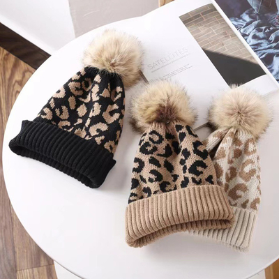 Phong cách cao Pom Pom Mùa đông Leopard in Beanie bán buôn mềm ấm đan mũ Beanie