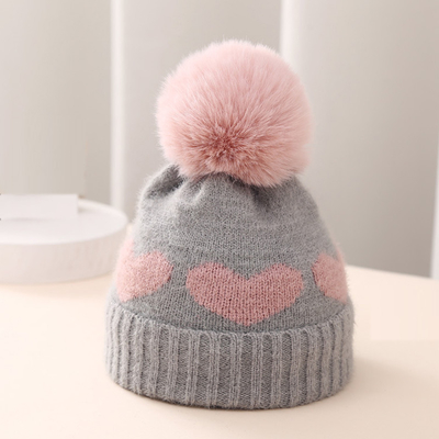 2024 Mùa thu Mùa đông Mẫu Trẻ Em Trâu Mũ Phụ nữ Acrylic Bilayer ấm áp Trẻ sơ sinh Beanie Trái tim dễ thương Mũ trẻ sơ sinh