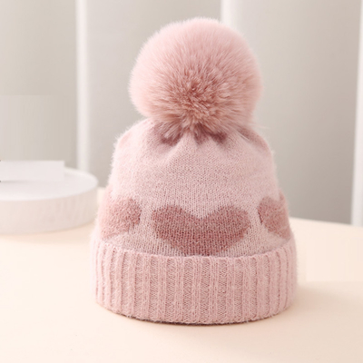2024 Mùa thu Mùa đông Mẫu Trẻ Em Trâu Mũ Phụ nữ Acrylic Bilayer ấm áp Trẻ sơ sinh Beanie Trái tim dễ thương Mũ trẻ sơ sinh