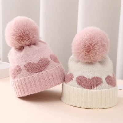 2024 Mùa thu Mùa đông Mẫu Trẻ Em Trâu Mũ Phụ nữ Acrylic Bilayer ấm áp Trẻ sơ sinh Beanie Trái tim dễ thương Mũ trẻ sơ sinh