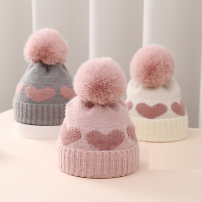 2024 Mùa thu Mùa đông Mẫu Trẻ Em Trâu Mũ Phụ nữ Acrylic Bilayer ấm áp Trẻ sơ sinh Beanie Trái tim dễ thương Mũ trẻ sơ sinh