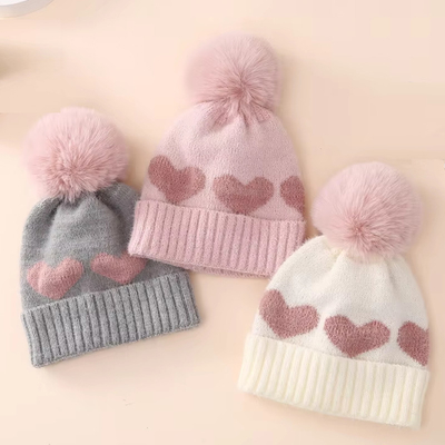 2024 Mùa thu Mùa đông Mẫu Trẻ Em Trâu Mũ Phụ nữ Acrylic Bilayer ấm áp Trẻ sơ sinh Beanie Trái tim dễ thương Mũ trẻ sơ sinh