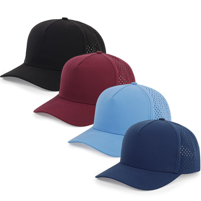 Nhập khẩu 5 Panel Blue Baseball Cap Custom Laser Cut Hole Gorras Golf Mũ thể thao polyester chống nước