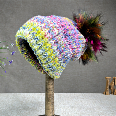 Phụ nữ New Wool Rabbit Fur Fur Pompom Hat Oil Painting Style Outdoor Warm Skullies Beanie Cap Mùa đông