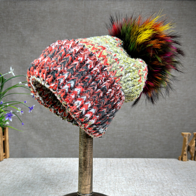 Phụ nữ New Wool Rabbit Fur Fur Pompom Hat Oil Painting Style Outdoor Warm Skullies Beanie Cap Mùa đông