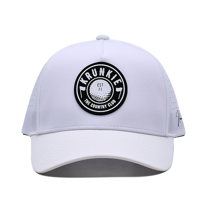 Mũ lưỡi trai thể thao hiệu suất Dad Hat 5 Panel cao su PVC logo lỗ cắt laser, màu trắng chống thấm nước chống tia UV