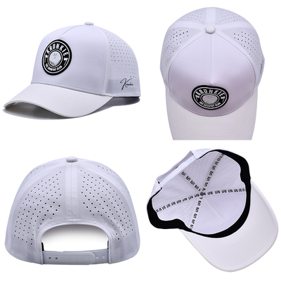 Mũ lưỡi trai thể thao hiệu suất Dad Hat 5 Panel cao su PVC logo lỗ cắt laser, màu trắng chống thấm nước chống tia UV