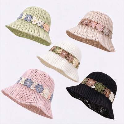 Ban nhạc hoa Crochet Bucket Hat Cotton Yarn Wide Brim Stylish Headwear Hoàn hảo cho du lịch Bãi biển Streetwear hàng ngày