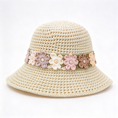 Ban nhạc hoa Crochet Bucket Hat Cotton Yarn Wide Brim Stylish Headwear Hoàn hảo cho du lịch Bãi biển Streetwear hàng ngày