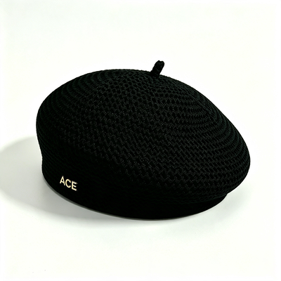 Classic Knitted Beret Hat Solid Color ACE Metal Logo Beret Stylish Durable Beret for Daily Casual Wear Support Customization