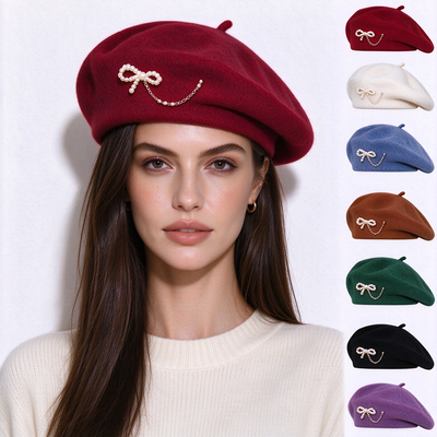 Mũ Beret Len Cổ Điển Thời Trang Nữ Trang Trí Nơ Ngọc Trai, Chuỗi Vòng Cổ Phong Cách Pháp Mũ Beret Ấm Màu Trơn Cổ Điển Cho Trang Phục Hàng Ngày Thường Ngày Hỗ Trợ Tùy Chỉnh
